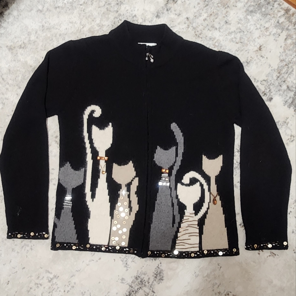 COLDWATER CREEK embroidery beaded sweater Zip up Black Size Med